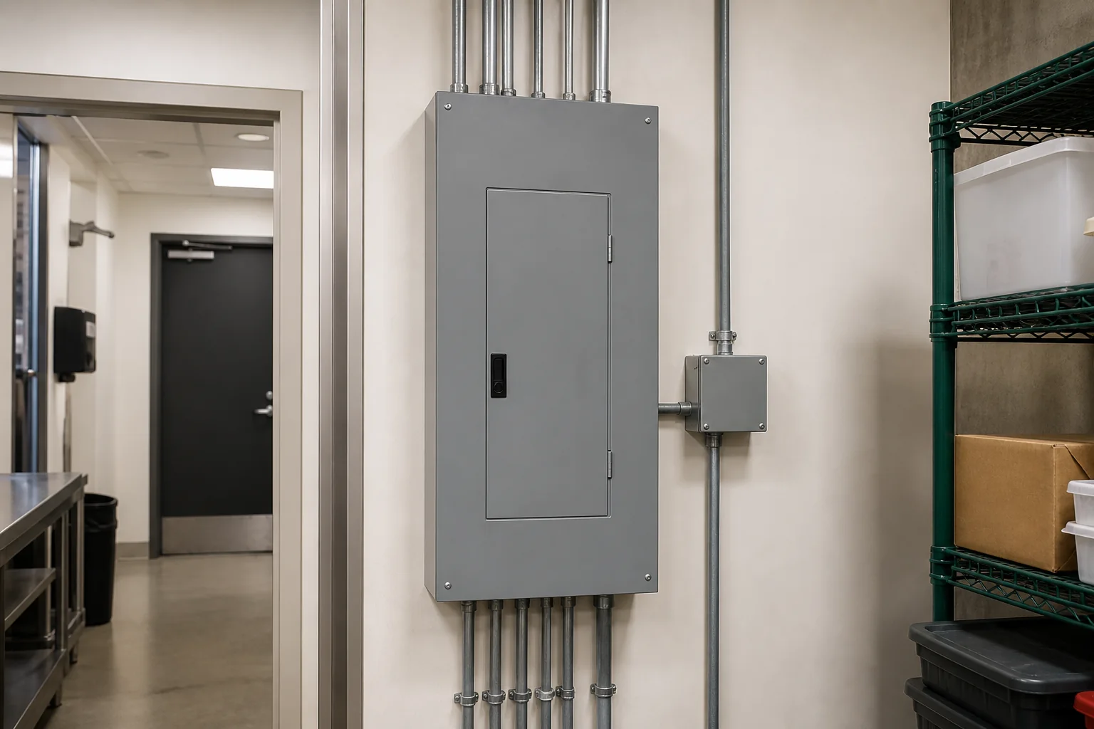Organized commercial electrical panel in a service area