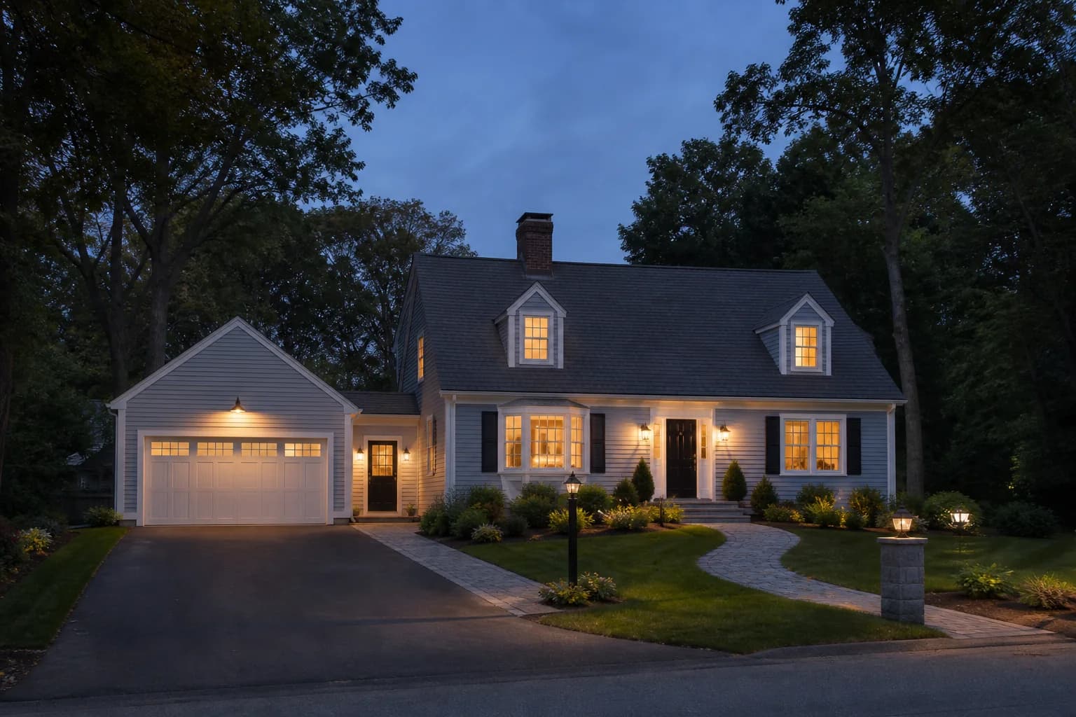 Warmly lit suburban home at blue hour