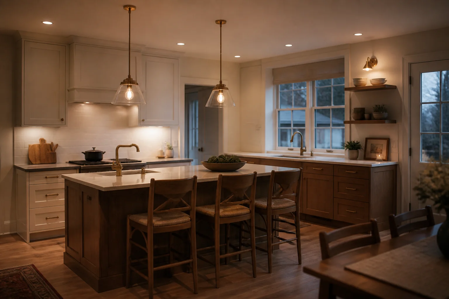 Finished residential kitchen with layered warm lighting