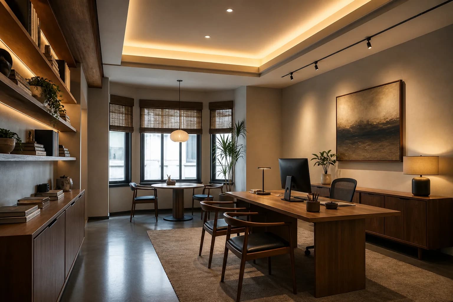 Finished small commercial interior with layered lighting