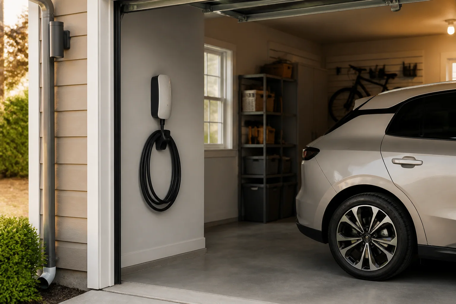 Professionally installed residential EV charger in a tidy garage