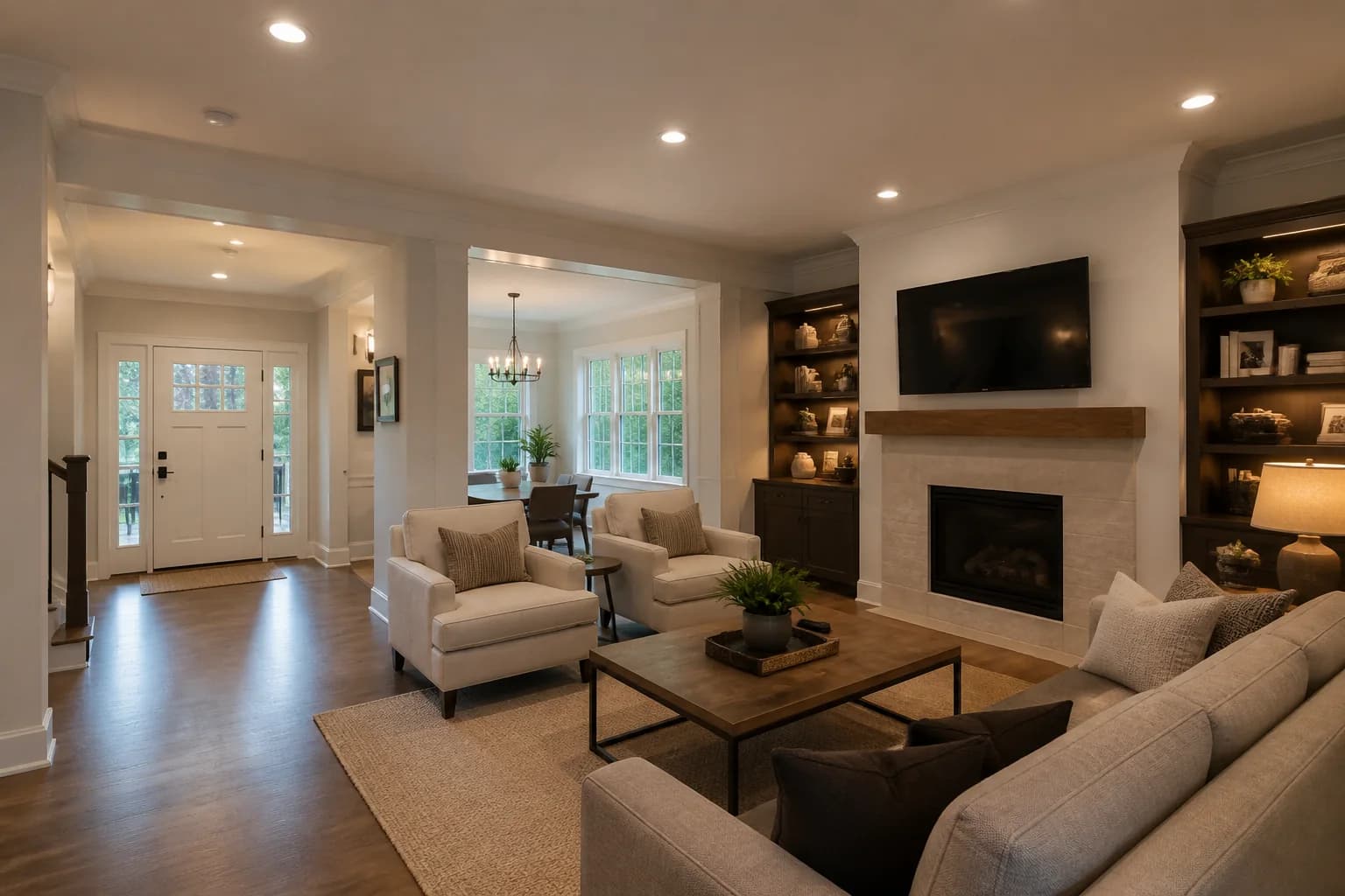 Finished residential renovation interior with updated lighting